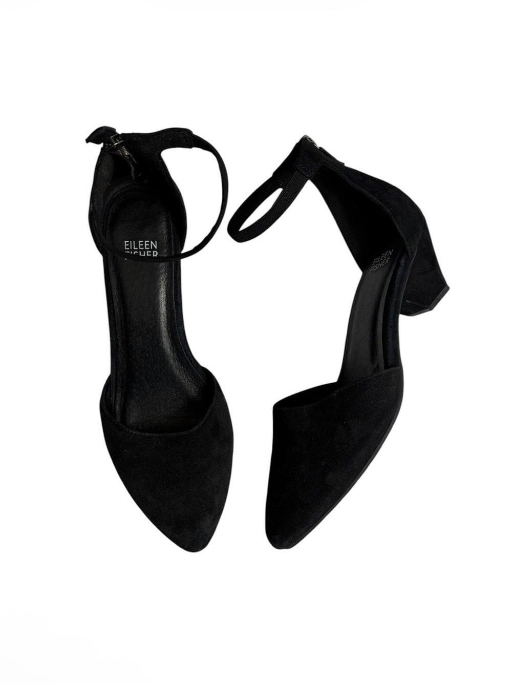 Eileen Fisher Ivie black suede ankle strap pointy toe kitten heels size 8.5